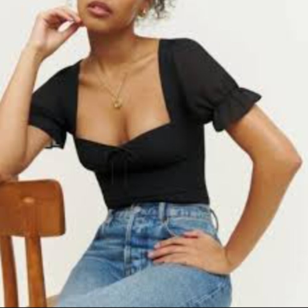 Reformation Delevan Top: sweetheart necklace puff sleeve Black Blouse